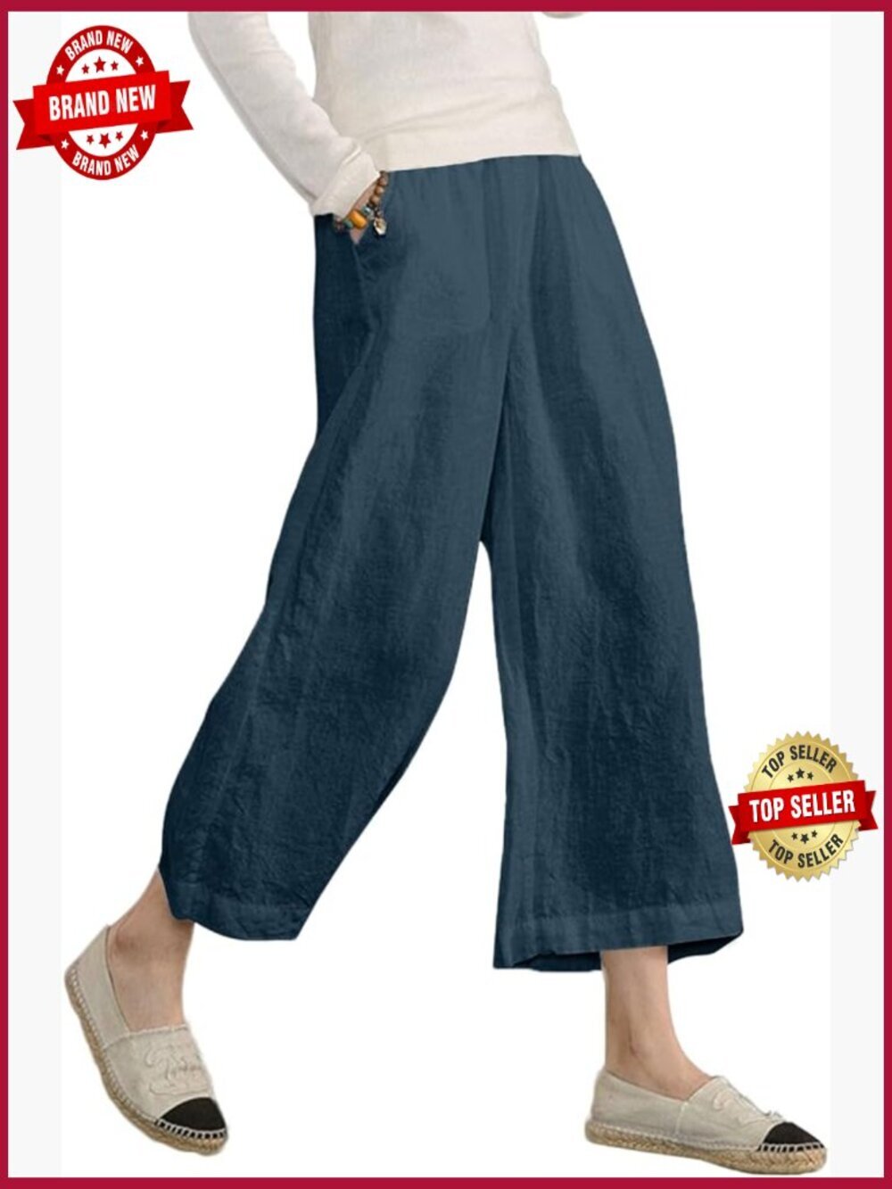 Linen Cropped Pants Loose Wide Leg Capri Elastic Waist